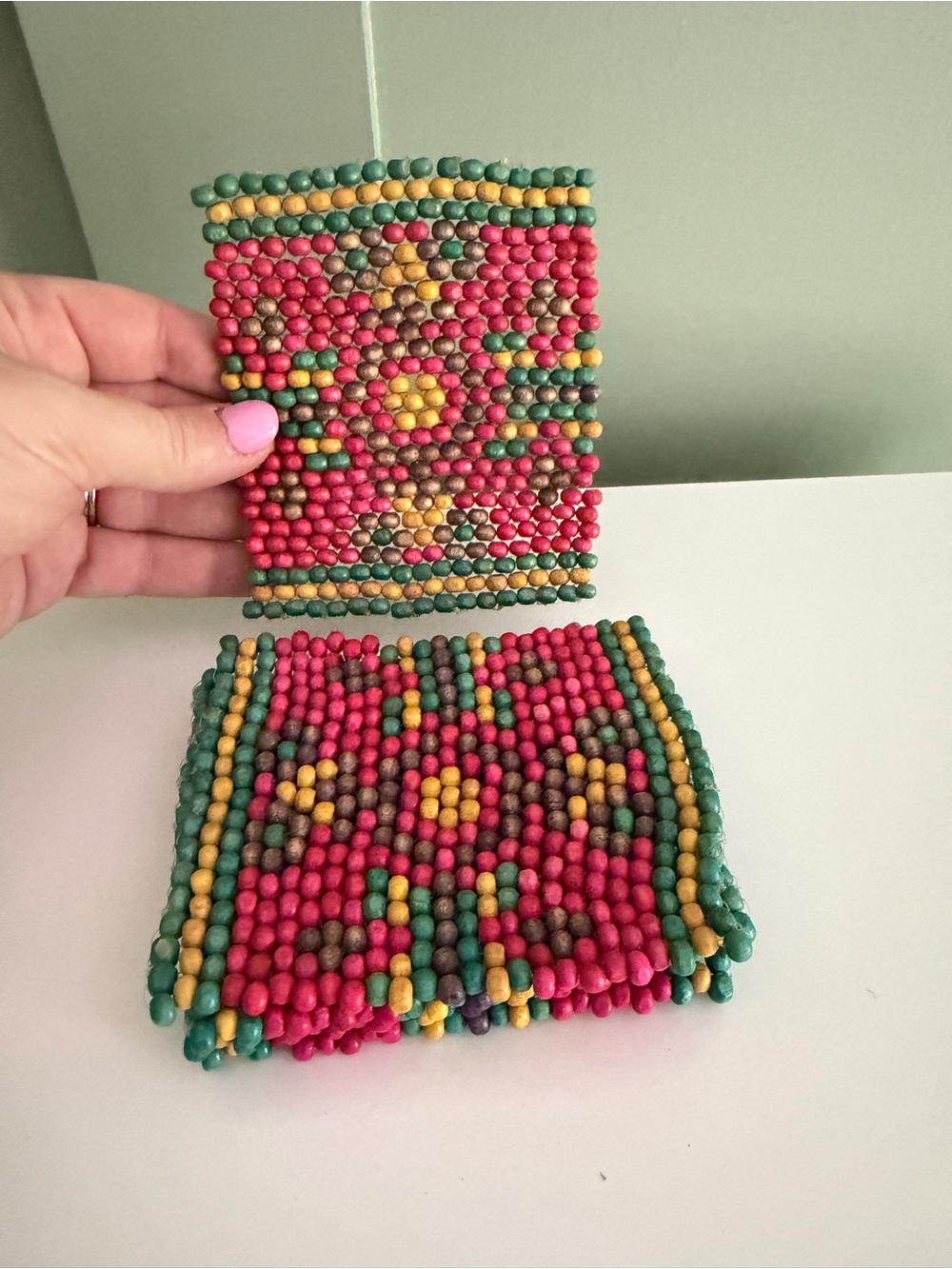 Multicolor Wood Beaded Coasters, Set of 5, Geometric Pattern, 4 in Square